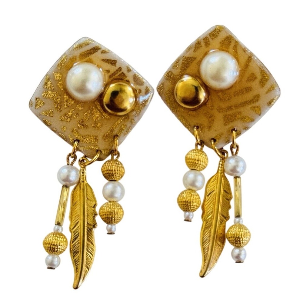 Dangle Earrings VTG Pierced Retro Gold Foil leaf Resin pearl Chunky beaded 80s